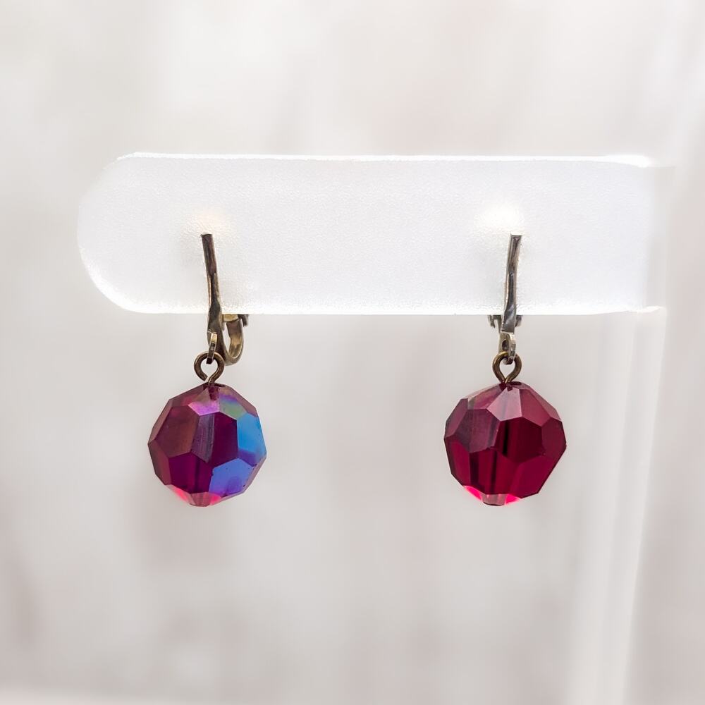 Vintage Clip On Earrings Red Faceted Dangle with Iridescent Finish